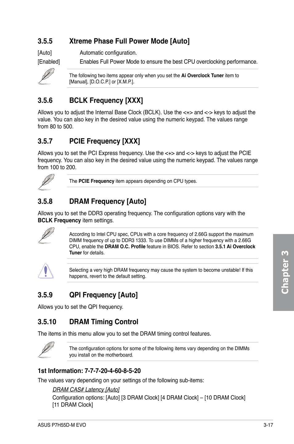 5 xtreme phase full power mode [auto, 6 bclk frequency [xxx, 7 pcie frequency [xxx | 8 dram frequency [auto, 9 qpi frequency [auto, 10 dram timing control, Xtreme phase full power mode -17, Bclk frequency -17, Pcie frequency -17, Dram frequency -17 | Asus P7H55D-M EVO User Manual | Page 79 / 116