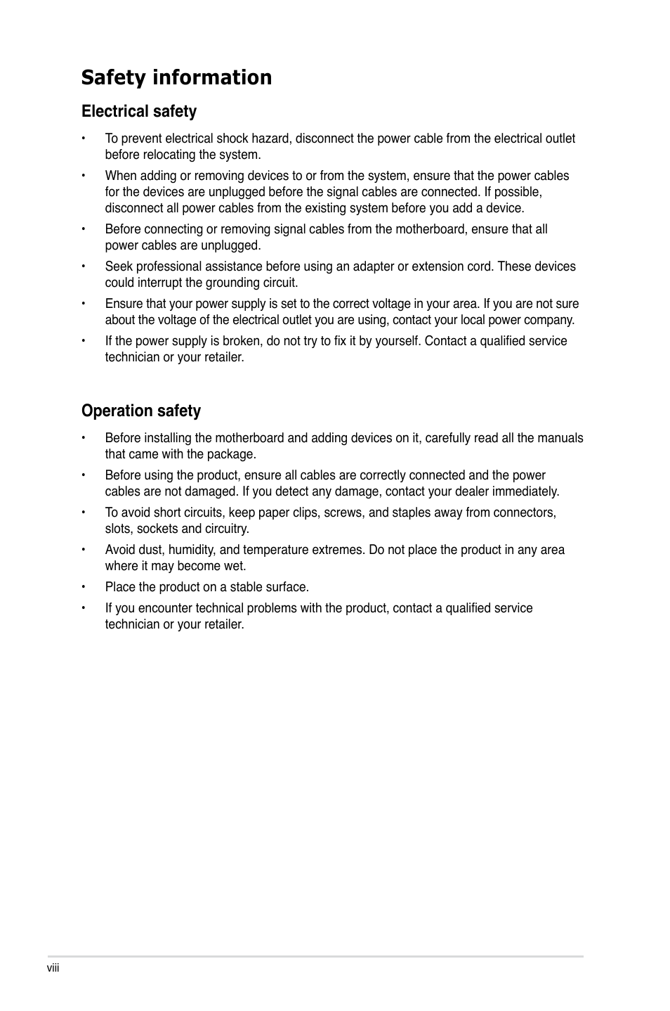 Safety information, Electrical safety, Operation safety | Asus P7H55D-M EVO User Manual | Page 8 / 116