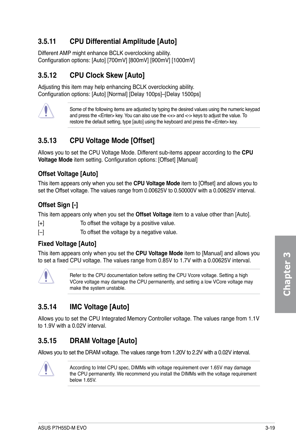 11 cpu differential amplitude [auto, 12 cpu clock skew [auto, 13 cpu voltage mode [offset | 14 imc voltage [auto, 15 dram voltage [auto, Cpu differential amplitude -19, Cpu clock skew -19, Cpu voltage mode -19, Imc voltage -19, Dram voltage -19 | Asus P7H55D-M EVO User Manual | Page 81 / 116