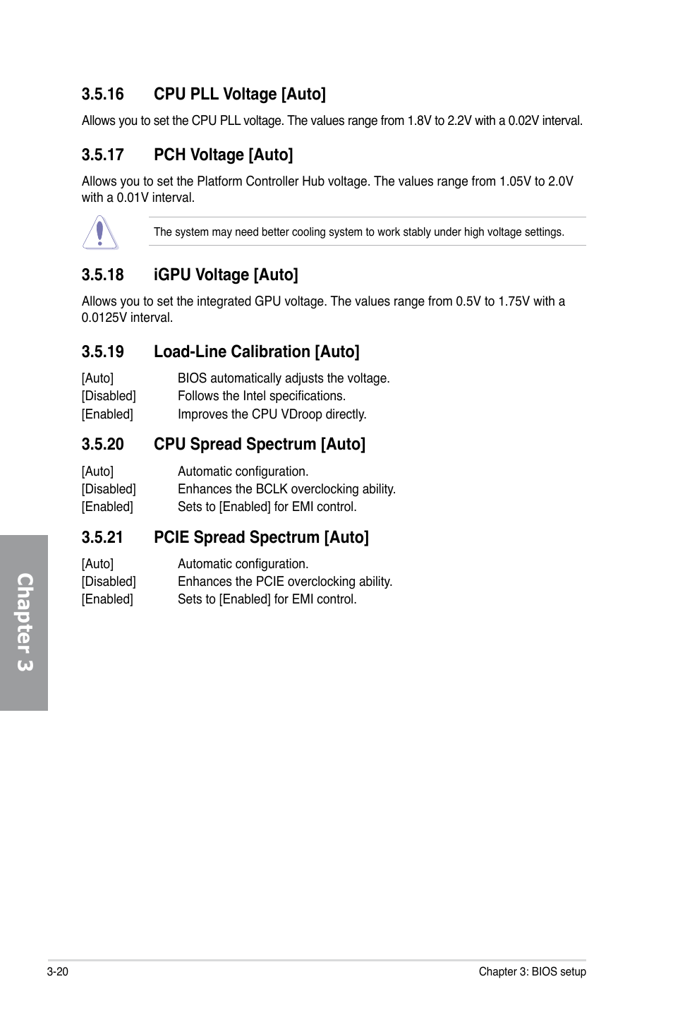 16 cpu pll voltage [auto, 17 pch voltage [auto, 18 igpu voltage [auto | 19 load-line calibration [auto, 20 cpu spread spectrum [auto, 21 pcie spread spectrum [auto, Cpu pll voltage -20, Pch voltage -20, Igpu voltage -20, Load-line calibration -20 | Asus P7H55D-M EVO User Manual | Page 82 / 116