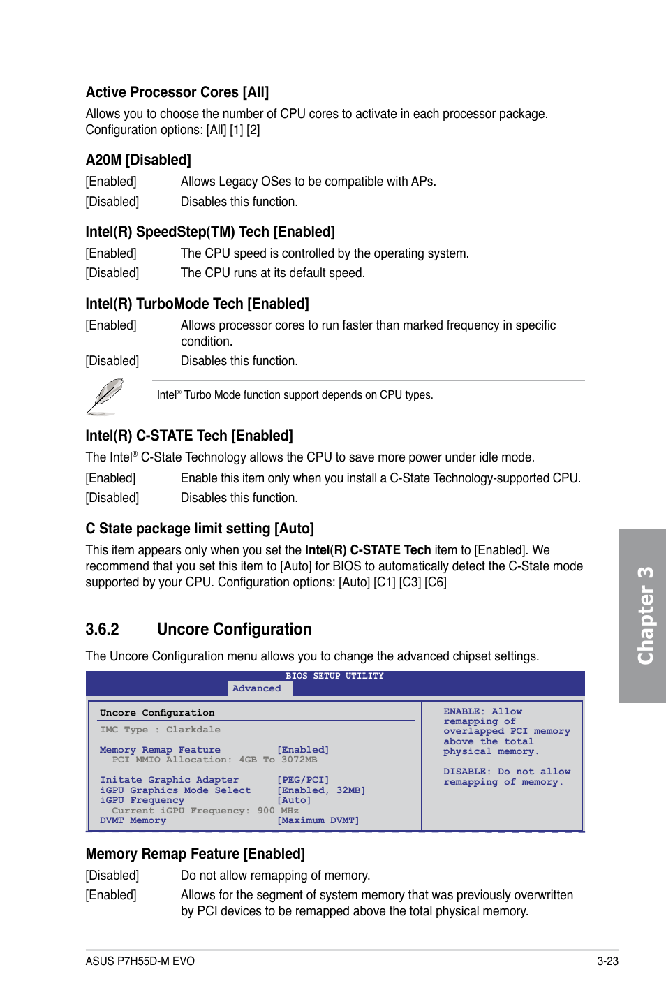 2 uncore configuration, Uncore configuration -23, Chapter 3 | Active processor cores [all, A20m [disabled, Intel(r) speedstep(tm) tech [enabled, Intel(r) turbomode tech [enabled, Intel(r) c-state tech [enabled, C state package limit setting [auto | Asus P7H55D-M EVO User Manual | Page 85 / 116