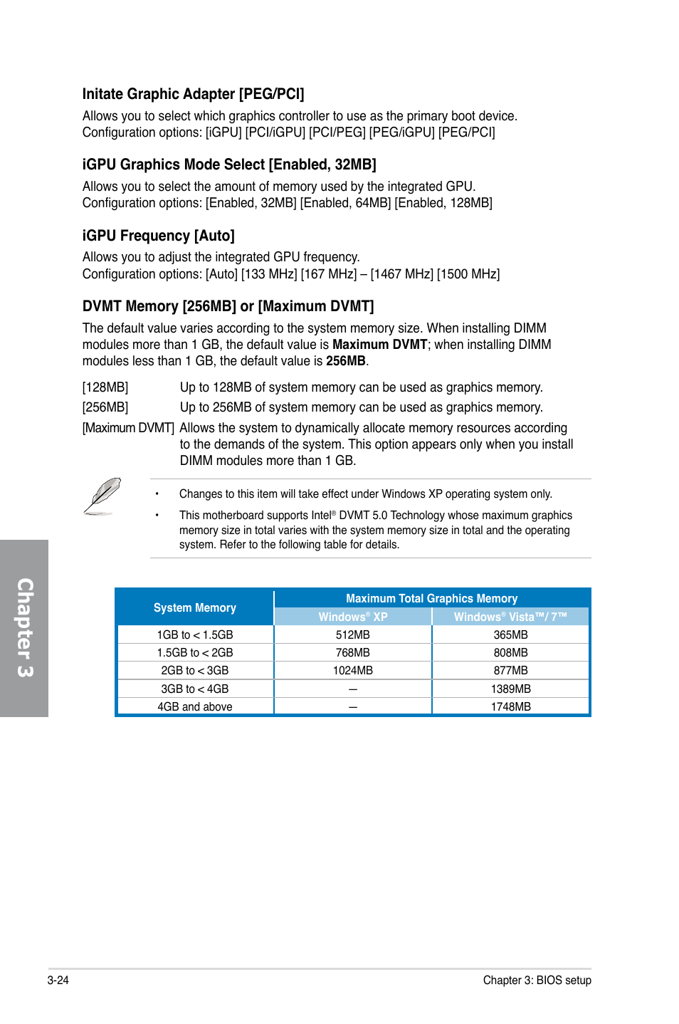 Chapter 3, Initate graphic adapter [peg/pci, Igpu graphics mode select [enabled, 32mb | Igpu frequency [auto | Asus P7H55D-M EVO User Manual | Page 86 / 116