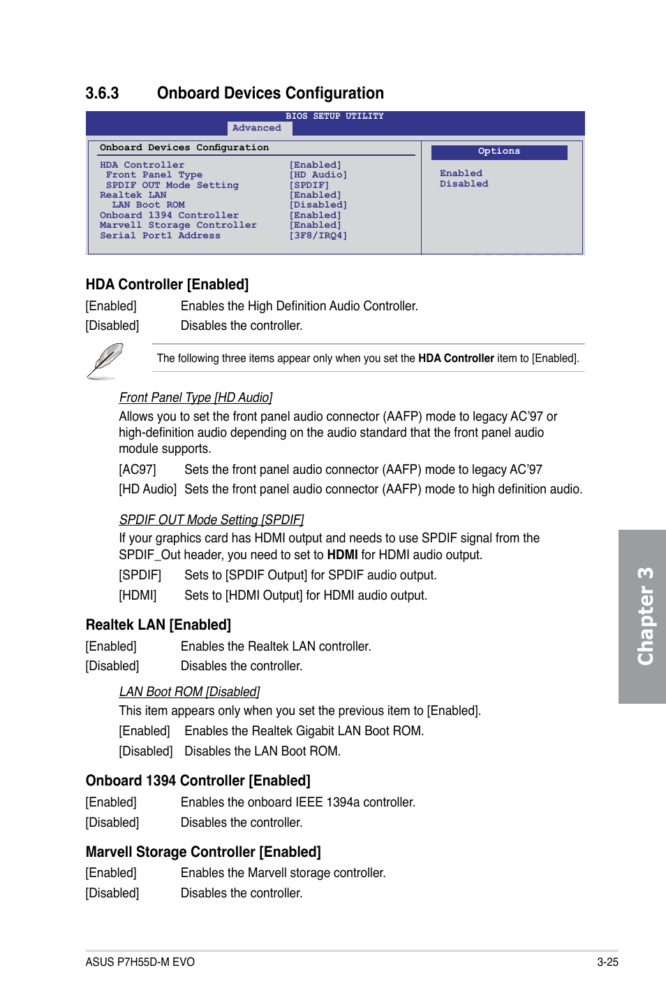 3 onboard devices configuration, Onboard devices configuration -25, Chapter 3 | Hda controller [enabled, Realtek lan [enabled, Onboard 1394 controller [enabled, Marvell storage controller [enabled | Asus P7H55D-M EVO User Manual | Page 87 / 116