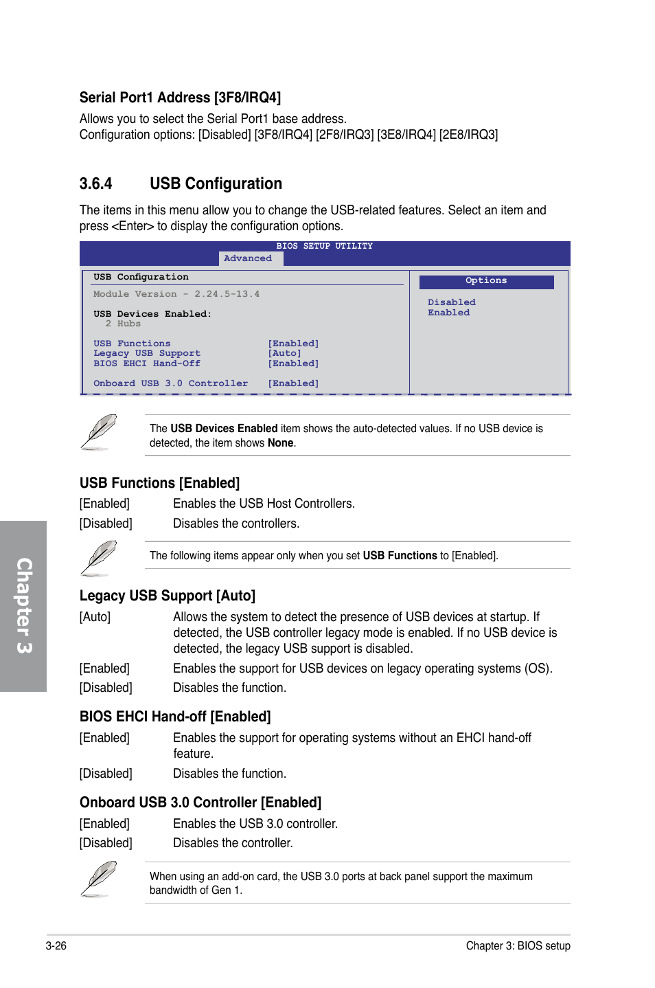 4 usb configuration, Usb configuration -26, Chapter 3 | Usb functions [enabled, Legacy usb support [auto, Bios ehci hand-off [enabled, Onboard usb 3.0 controller [enabled, Serial port1 address [3f8/irq4 | Asus P7H55D-M EVO User Manual | Page 88 / 116