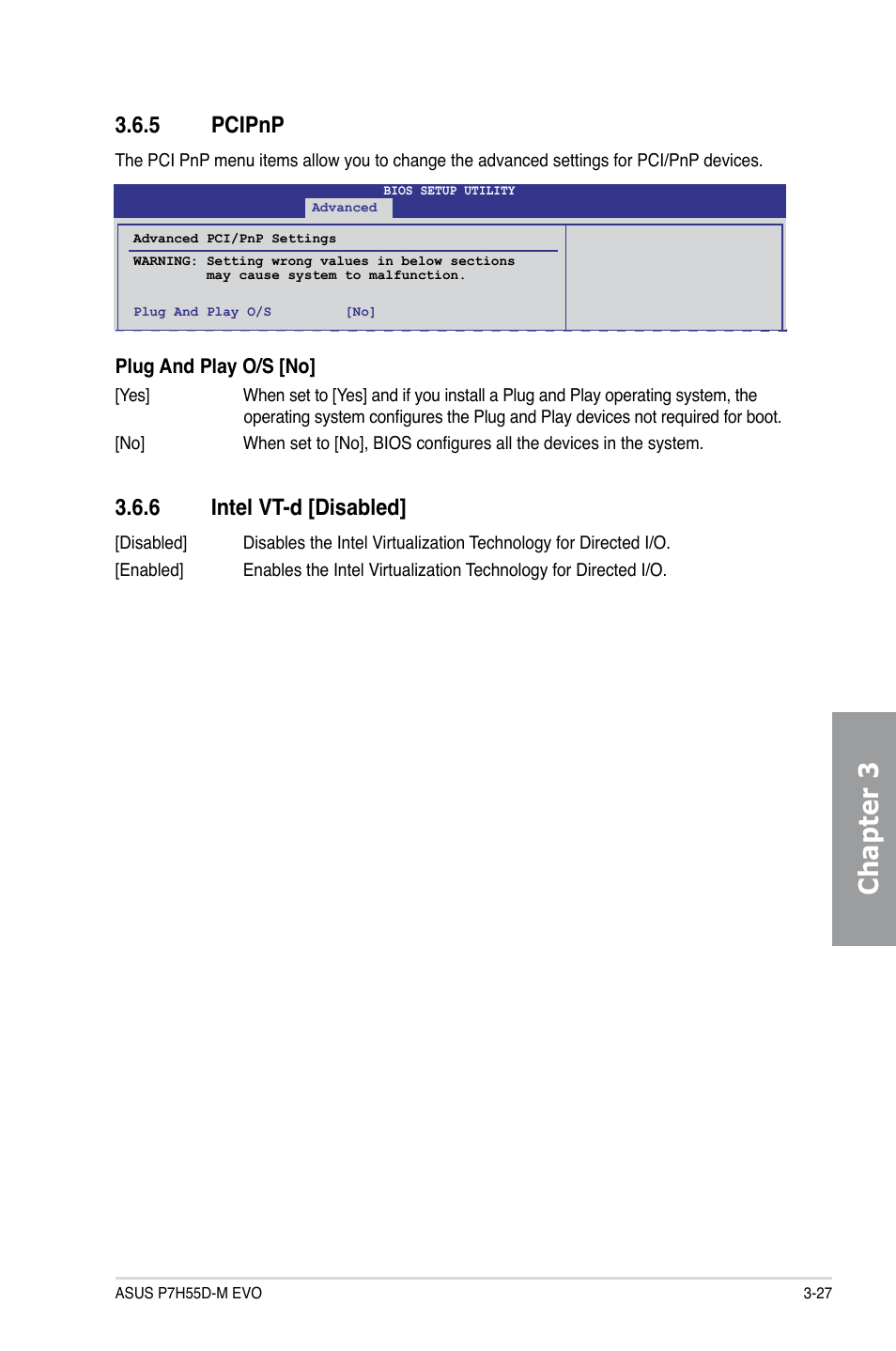 5 pcipnp, 6 intel vt-d [disabled, Pcipnp -27 | Intel vt-d -27, Chapter 3 | Asus P7H55D-M EVO User Manual | Page 89 / 116