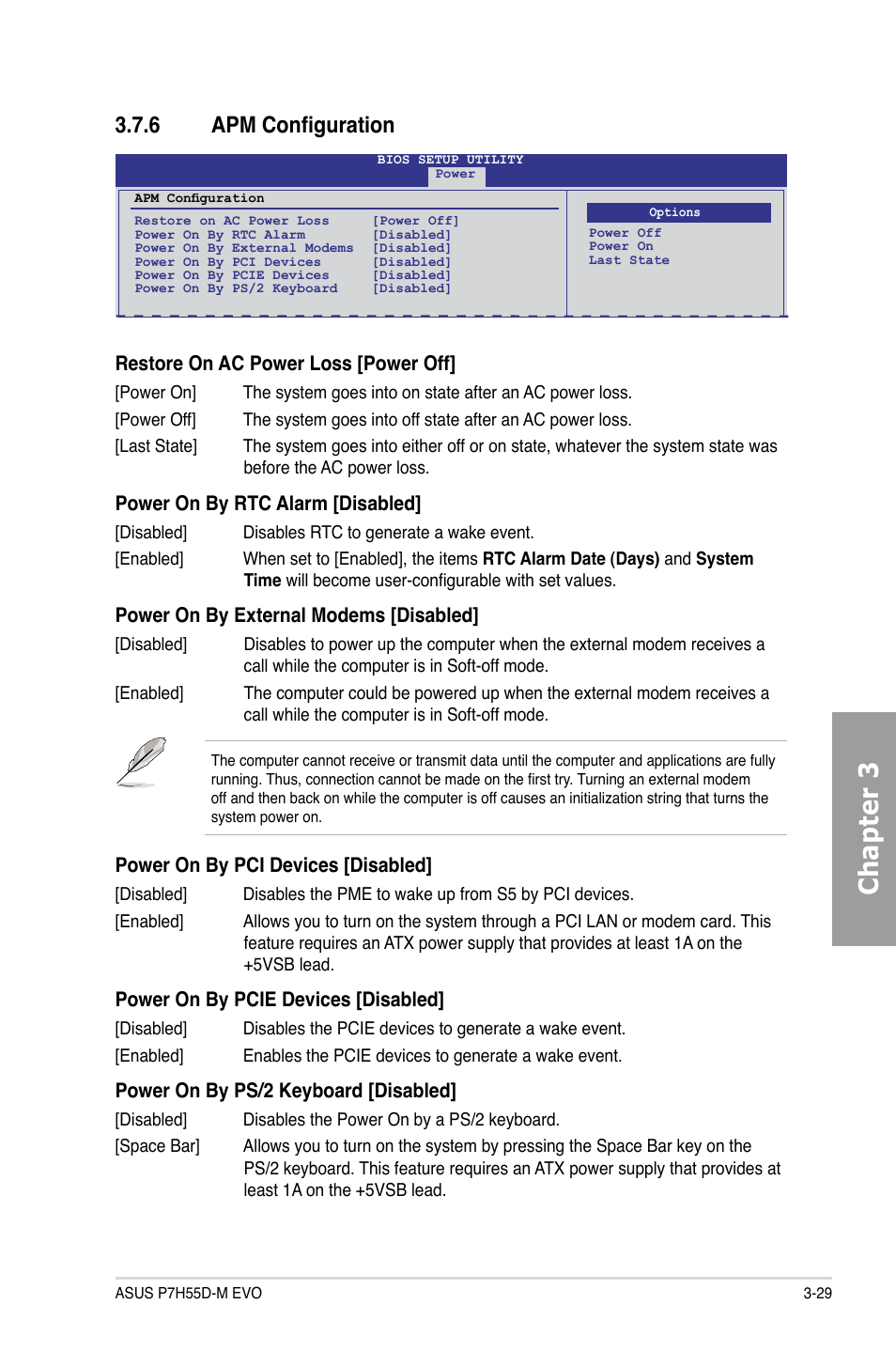 6 apm configuration, Apm configuration -29, Chapter 3 | Asus P7H55D-M EVO User Manual | Page 91 / 116