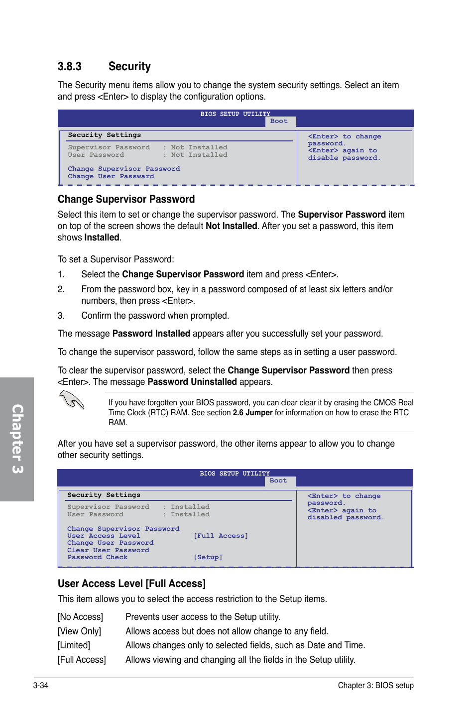 3 security, Security -34, Chapter 3 | Change supervisor password, User access level [full access | Asus P7H55D-M EVO User Manual | Page 96 / 116