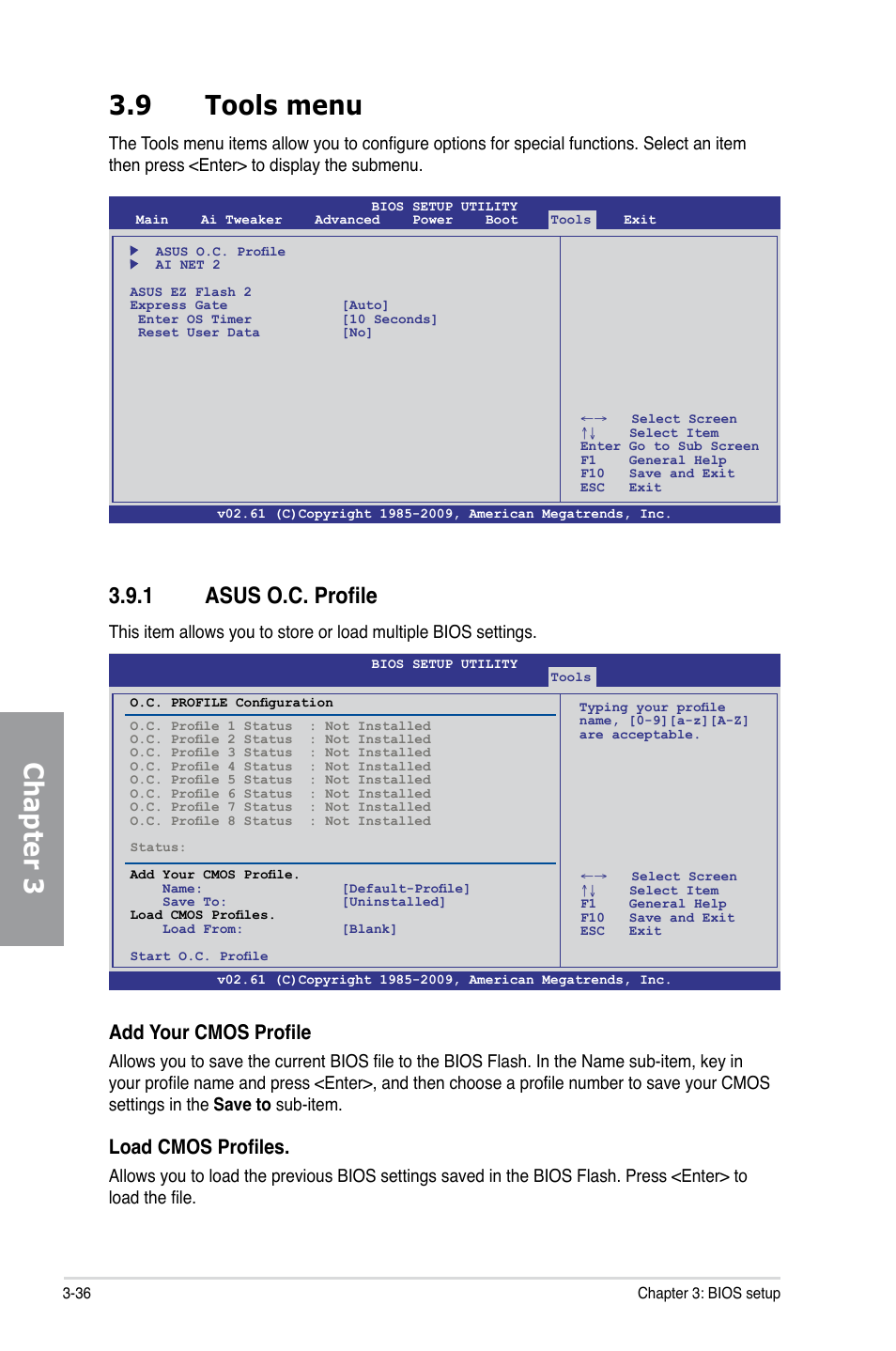 9 tools menu, 1 asus o.c. profile, Tools menu -36 3.9.1 | Asus o.c. profile -36, Chapter 3 3.9 tools menu, Add your cmos profile, Load cmos profiles | Asus P7H55D-M EVO User Manual | Page 98 / 116