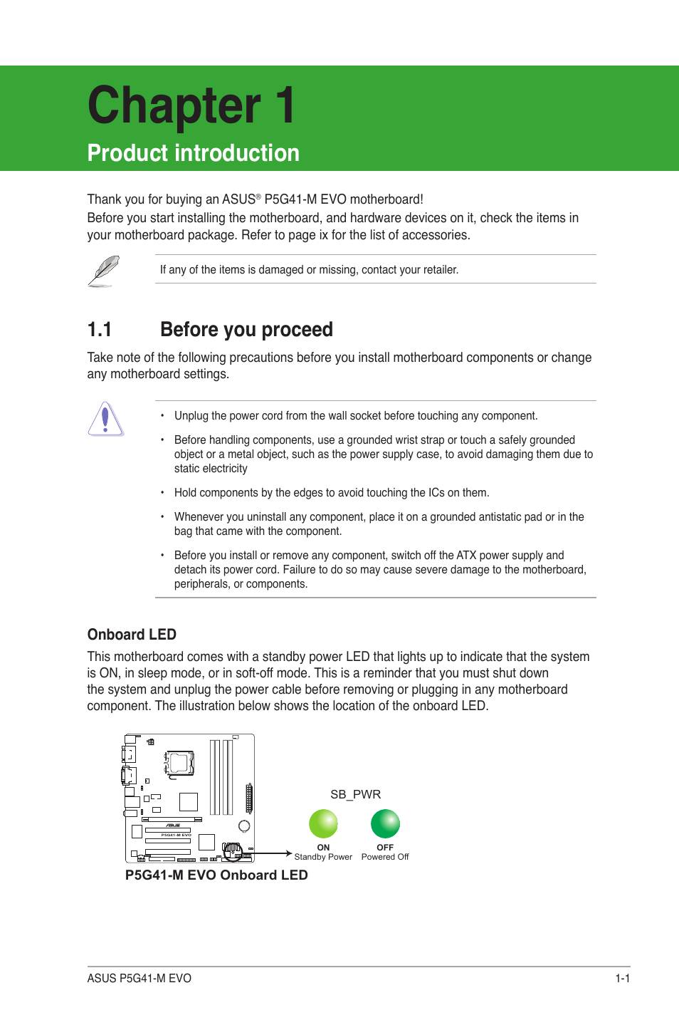 Product introduction, 1 before you proceed, Before you proceed -1 | Chapter 1 | Asus P5G41-M EVO User Manual | Page 11 / 44