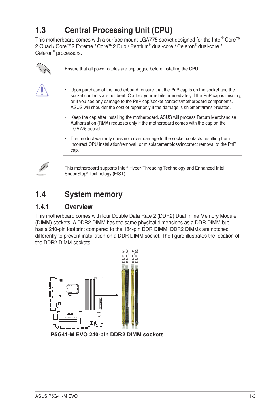 3 central processing unit (cpu), 4 system memory, 1 overview | Central processing unit (cpu) -3, System memory -3 1.4.1, Overview -3 | Asus P5G41-M EVO User Manual | Page 13 / 44