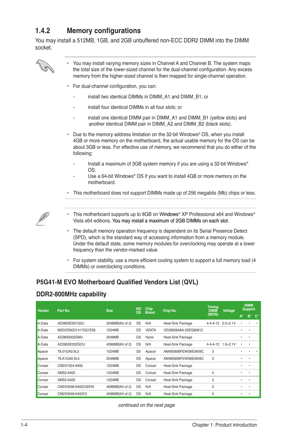 2 memory configurations, Memory configurations -4, Continued on the next page | Asus P5G41-M EVO User Manual | Page 14 / 44