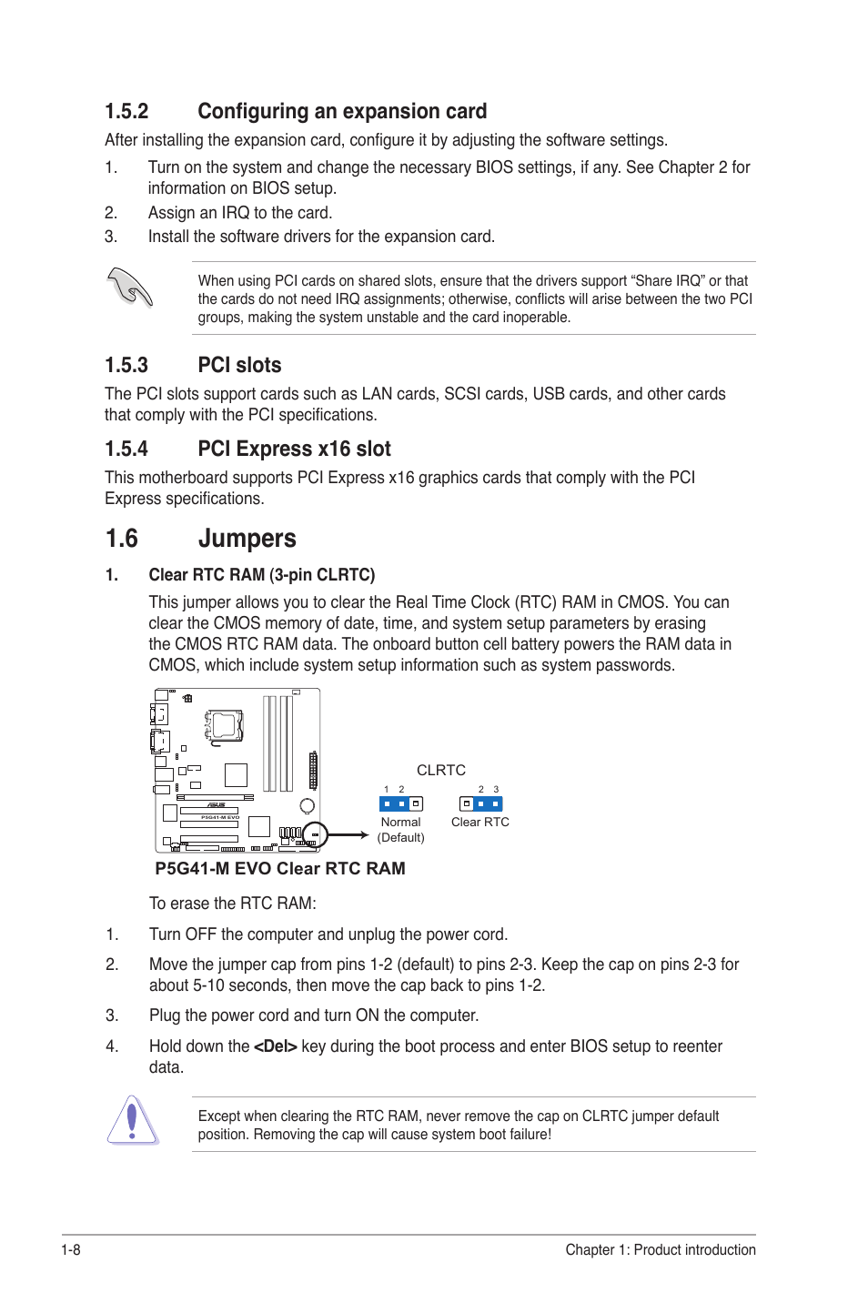 2 configuring an expansion card, 3 pci slots, 4 pci express x16 slot | 6 jumpers, Configuring an expansion card -8, Pci slots -8, Pci express x16 slot -8, Jumpers -8 | Asus P5G41-M EVO User Manual | Page 18 / 44