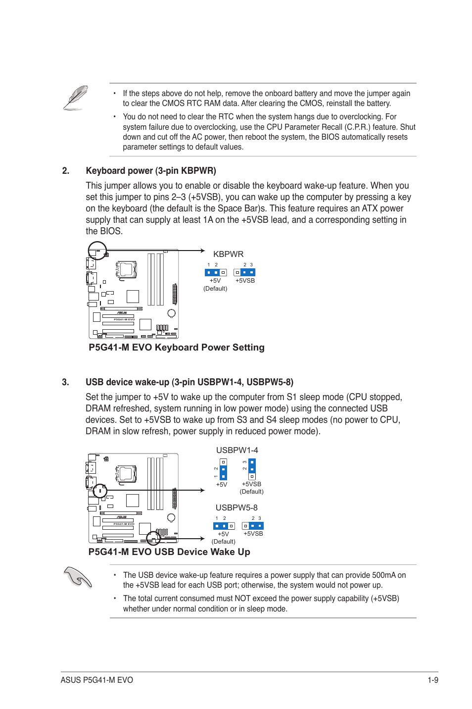 P5g41-m evo keyboard power setting, P5g41-m evo usb device wake up | Asus P5G41-M EVO User Manual | Page 19 / 44