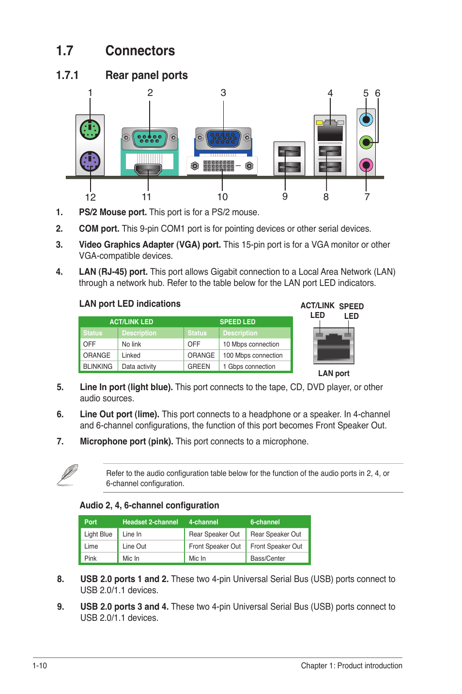 7 connectors, 1 rear panel ports, Connectors -10 1.7.1 | Rear panel ports -10 | Asus P5G41-M EVO User Manual | Page 20 / 44