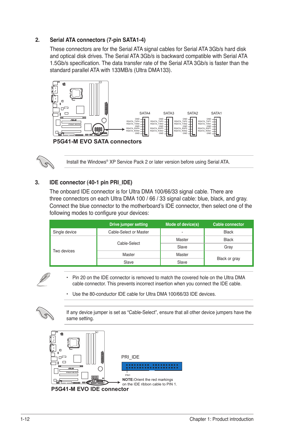 P5g41-m evo ide connector, Install the windows, 12 chapter 1: product introduction | Asus P5G41-M EVO User Manual | Page 22 / 44