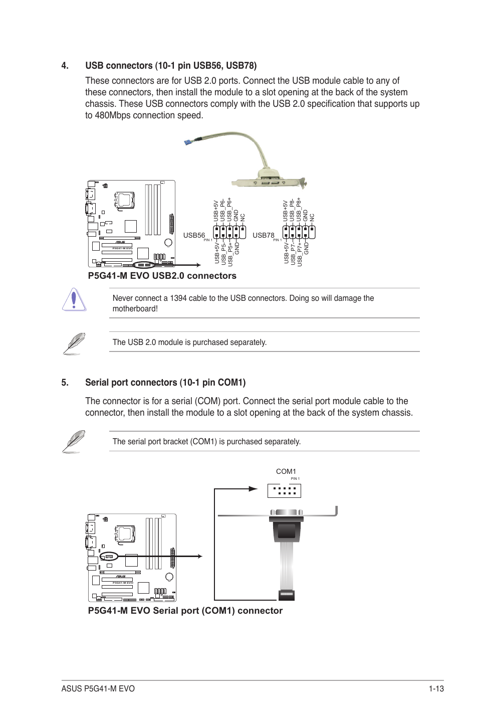 Usb connectors (10-1 pin usb56, usb78), P5g41-m evo serial port (com1) connector | Asus P5G41-M EVO User Manual | Page 23 / 44