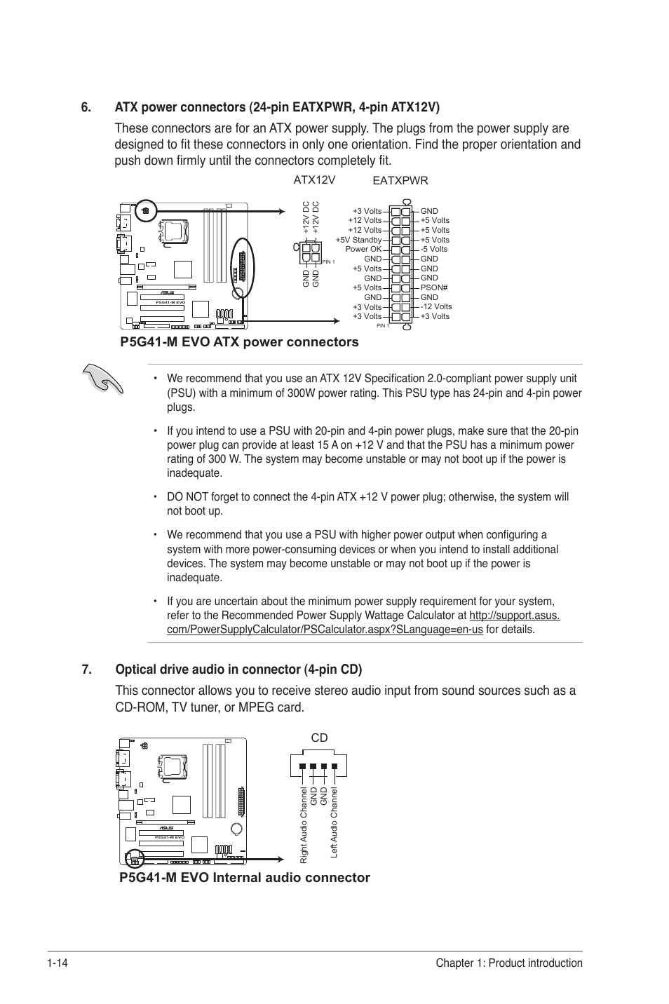 P5g41-m evo atx power connectors, P5g41-m evo internal audio connector | Asus P5G41-M EVO User Manual | Page 24 / 44