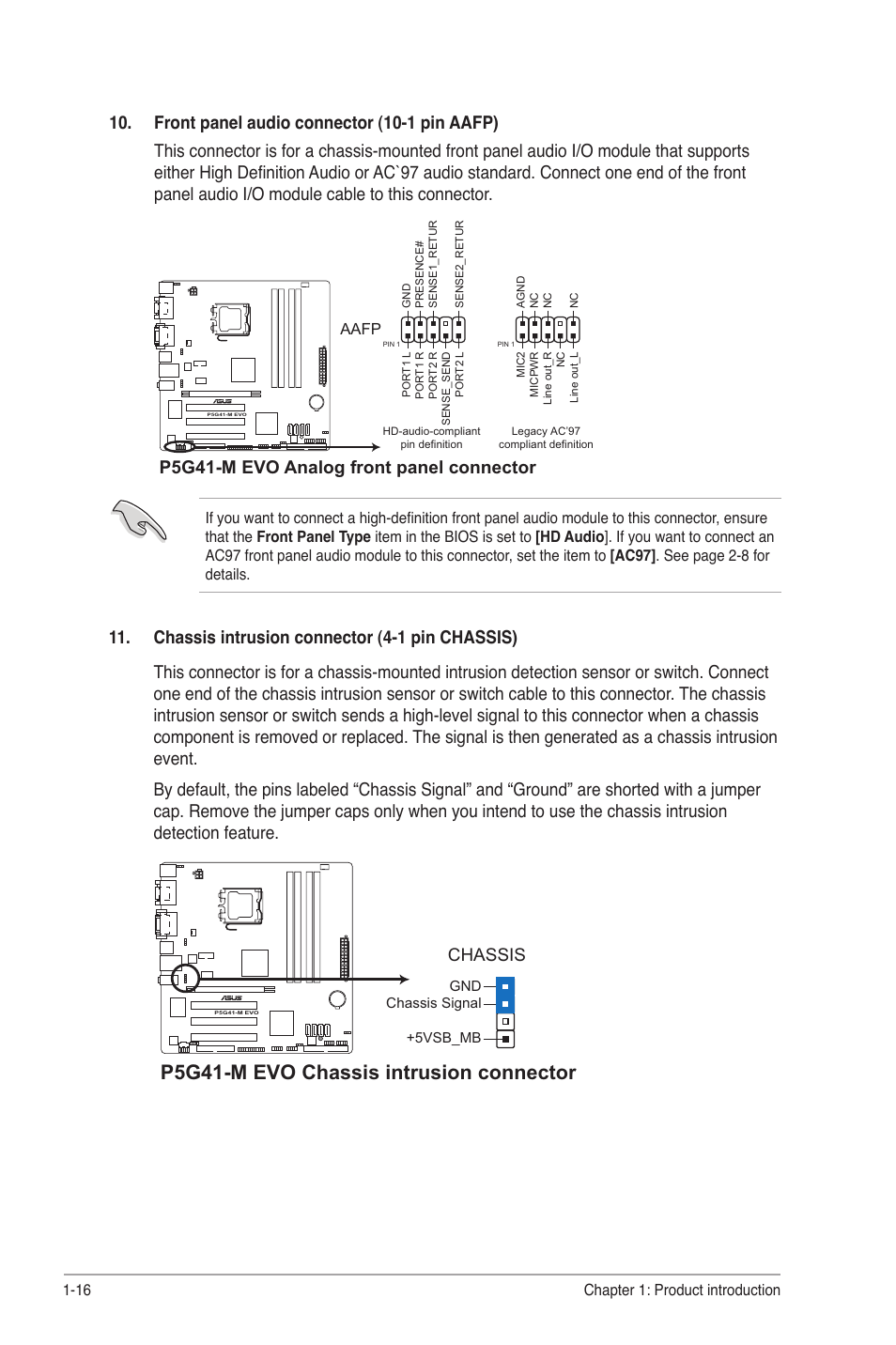 P5g41-m evo chassis intrusion connector, P5g41-m evo analog front panel connector, Chassis | Asus P5G41-M EVO User Manual | Page 26 / 44