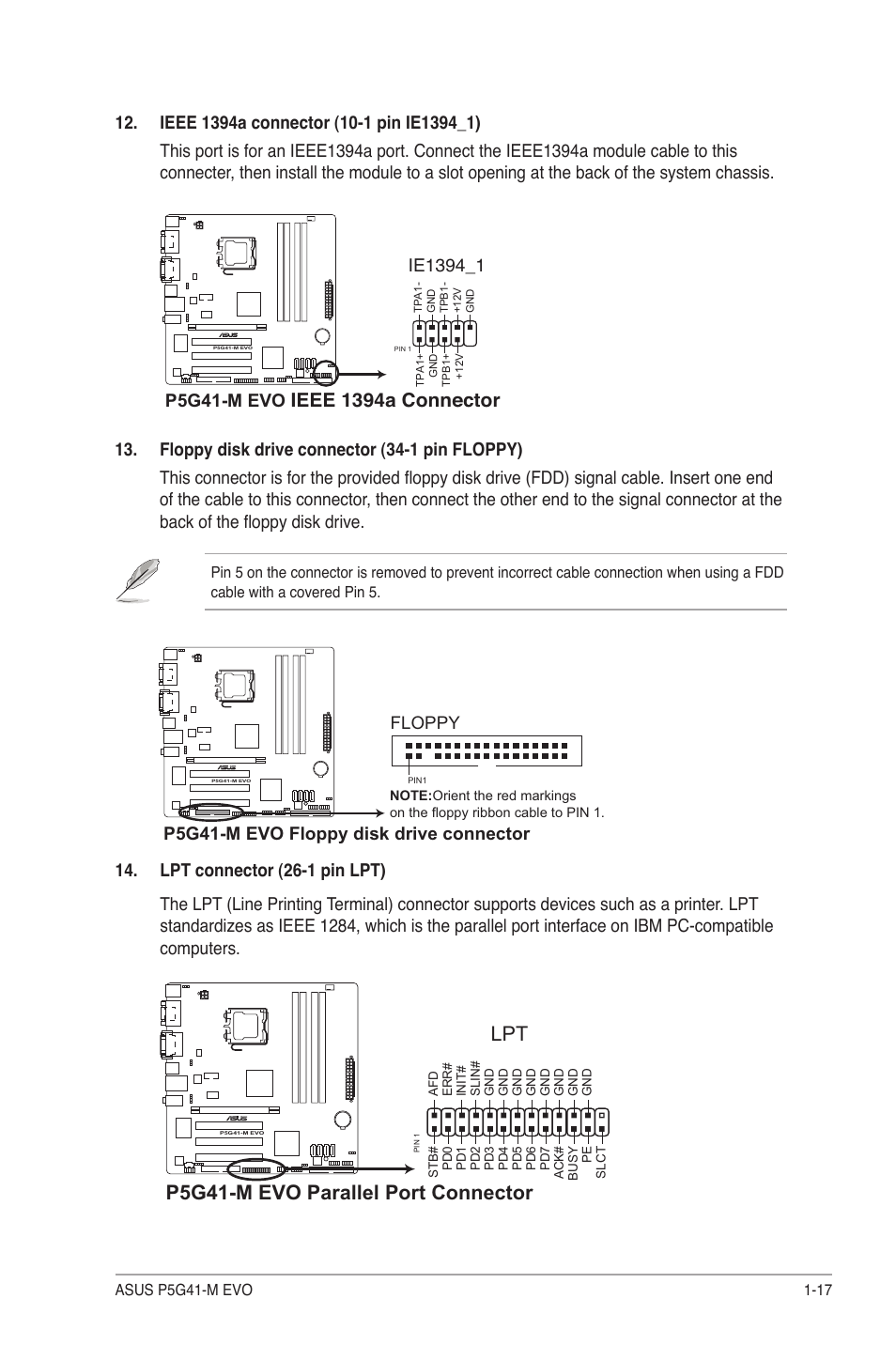 P5g41-m evo parallel port connector lpt, Ieee 1394a connector, P5g41-m evo | P5g41-m evo floppy disk drive connector, Floppy | Asus P5G41-M EVO User Manual | Page 27 / 44