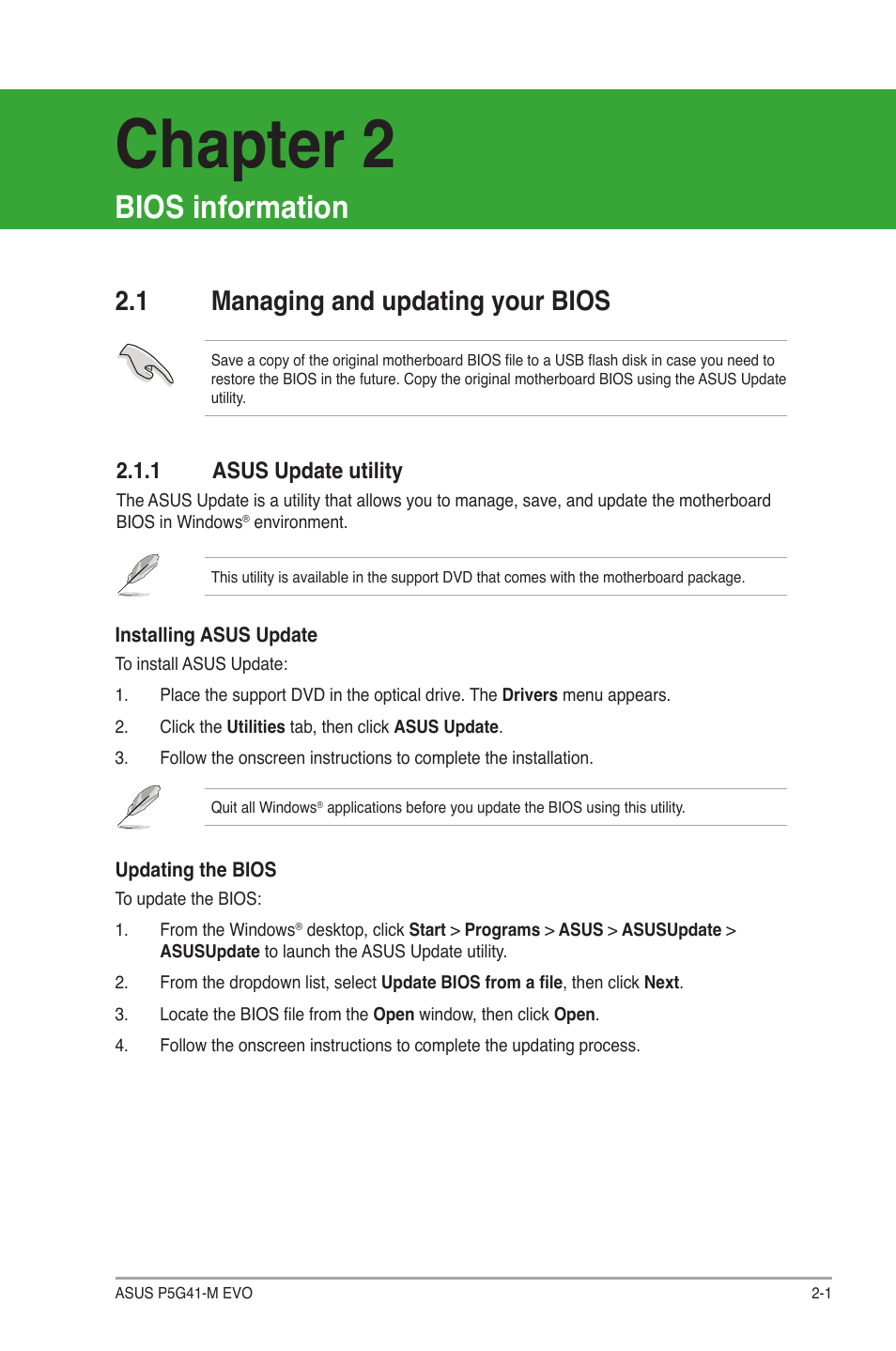 Bios information, 1 managing and updating your bios, 1 asus update utility | Managing and updating your bios -1 2.1.1, Asus update utility -1, Chapter 2 | Asus P5G41-M EVO User Manual | Page 29 / 44