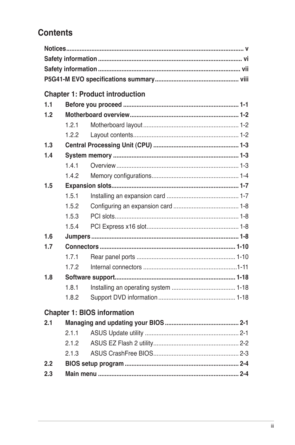 Asus P5G41-M EVO User Manual | Page 3 / 44