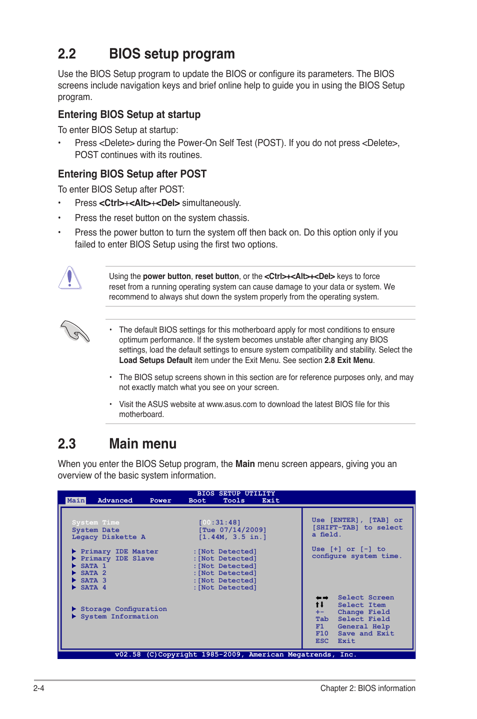 2 bios setup program, 3 main menu, Bios setup program -4 | Main menu -4, Entering bios setup at startup, Entering bios setup after post | Asus P5G41-M EVO User Manual | Page 32 / 44