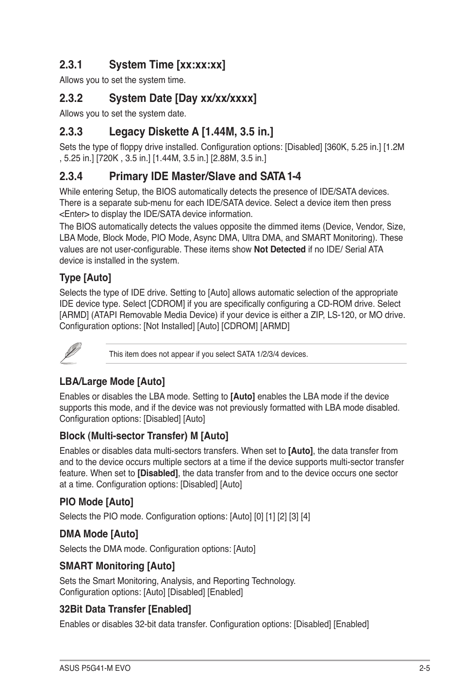 1 system time [xx:xx:xx, 2 system date [day xx/xx/xxxx, 3 legacy diskette a [1.44m, 3.5 in | 4 primary ide master/slave and sata 1-4, System time -5, System date -5, Legacy diskette a -5, Primary ide master/slave and sata 1-4 -5 | Asus P5G41-M EVO User Manual | Page 33 / 44