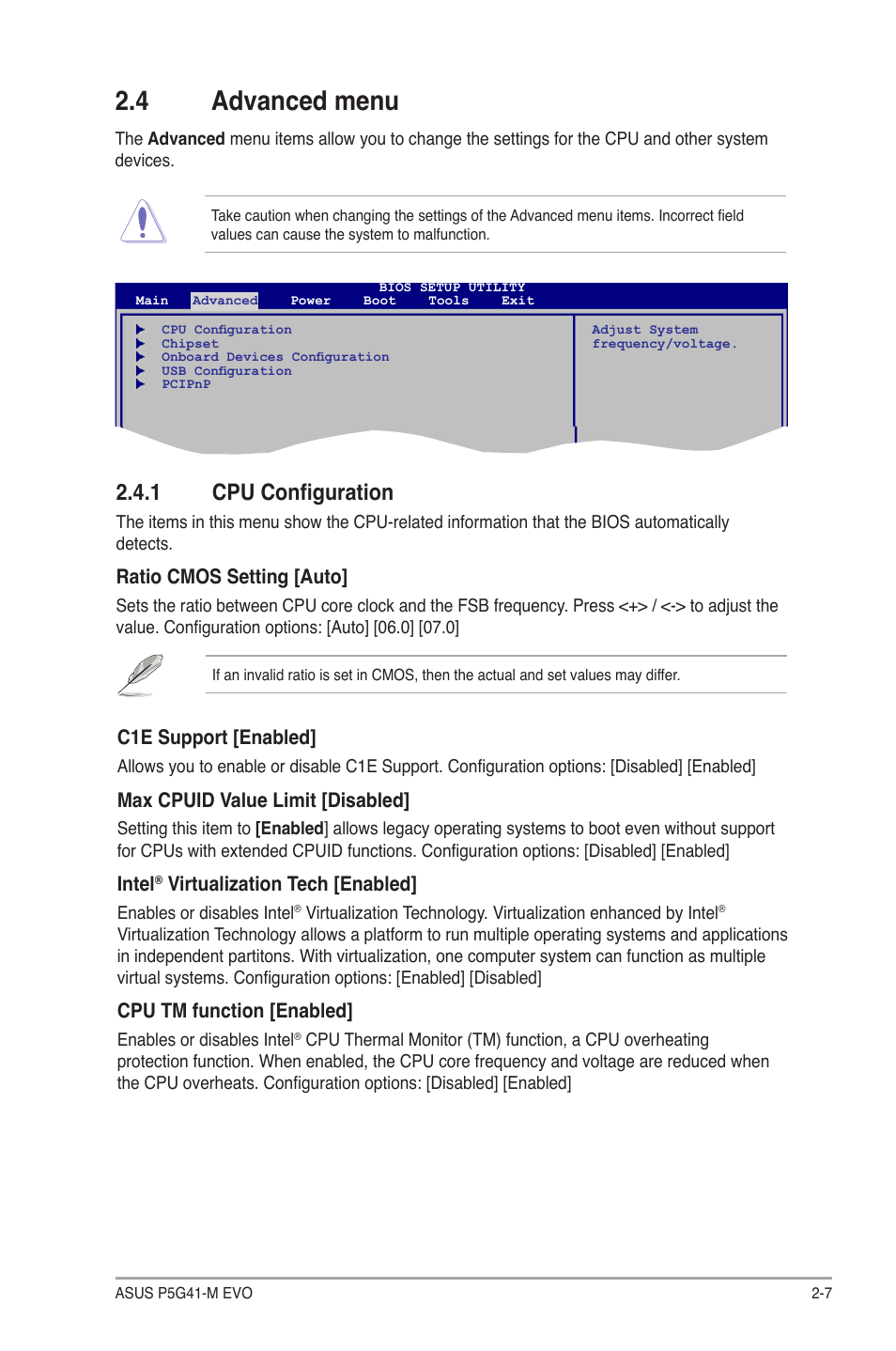 4 advanced menu, 1 cpu configuration, Advanced menu -7 2.4.1 | Cpu configuration -7 | Asus P5G41-M EVO User Manual | Page 35 / 44