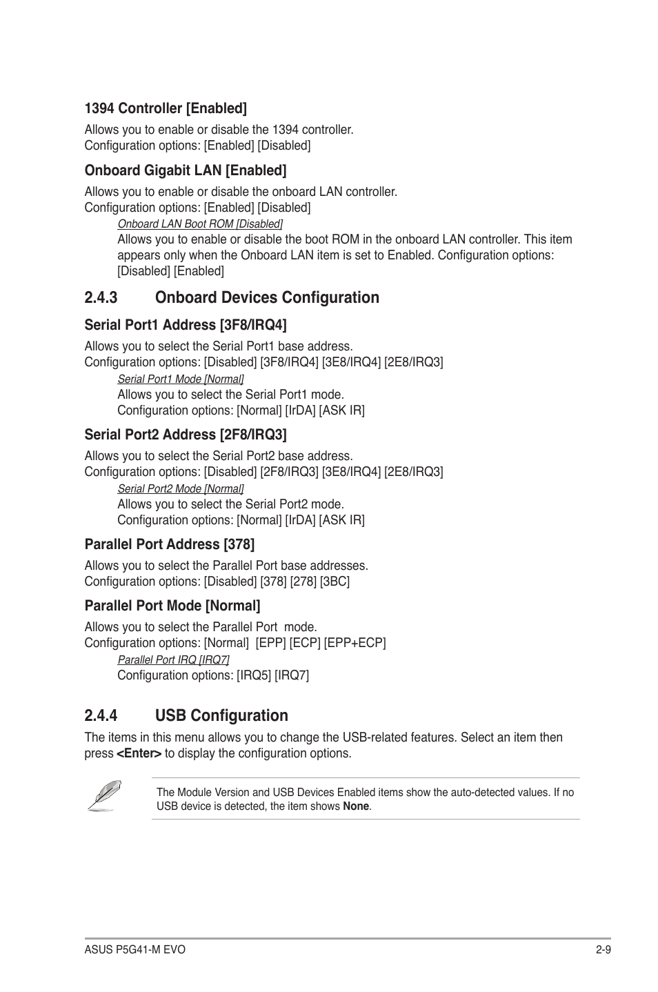 3 onboard devices configuration, 4 usb configuration, Onboard devices configuration -9 | Usb configuration -9 | Asus P5G41-M EVO User Manual | Page 37 / 44