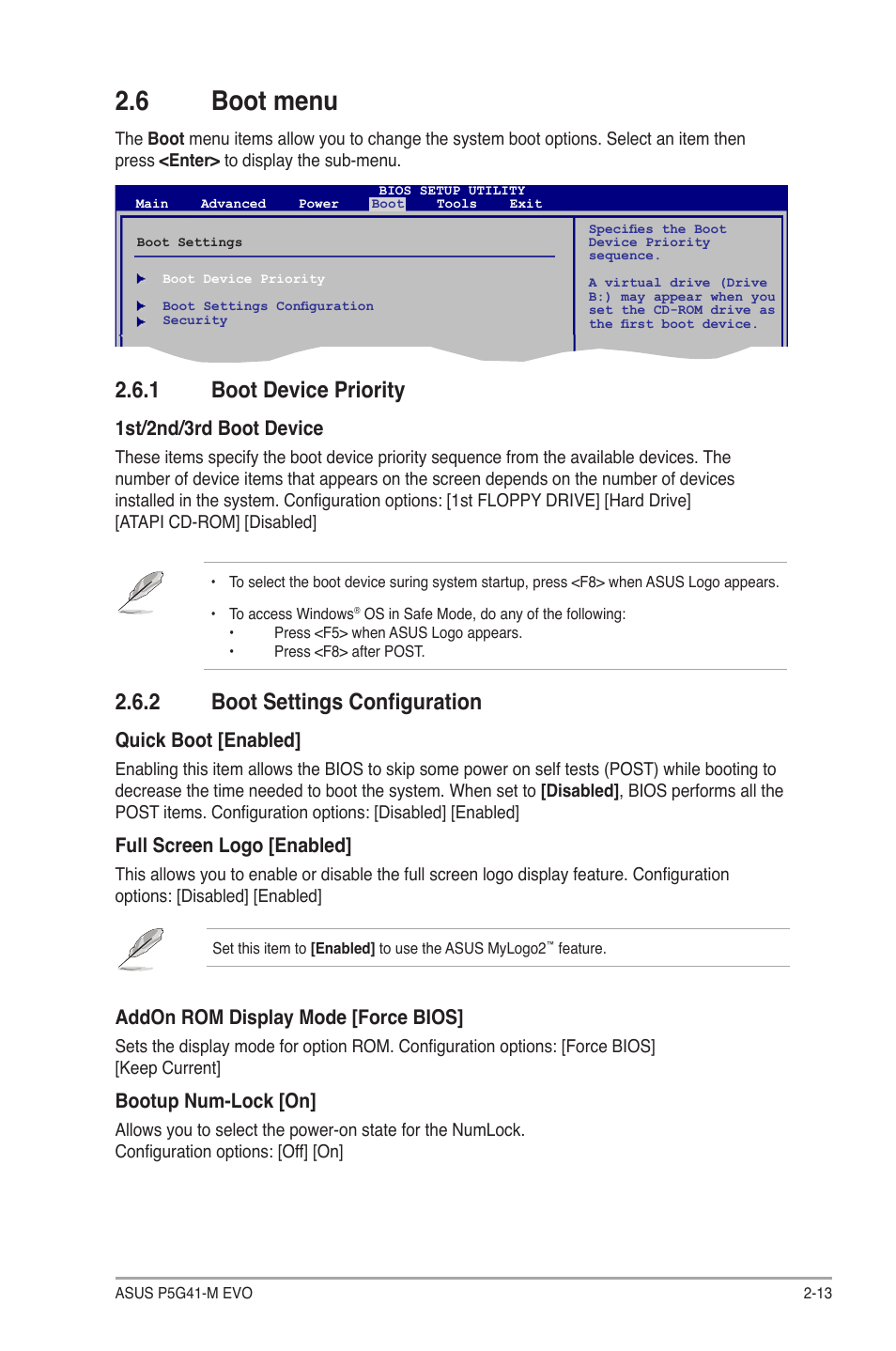 6 boot menu, 1 boot device priority, 2 boot settings configuration | Boot menu -13 2.6.1, Boot device priority -13, Boot settings configuration -13, 1st/2nd/3rd boot device, Quick boot [enabled, Full screen logo [enabled, Addon rom display mode [force bios | Asus P5G41-M EVO User Manual | Page 41 / 44