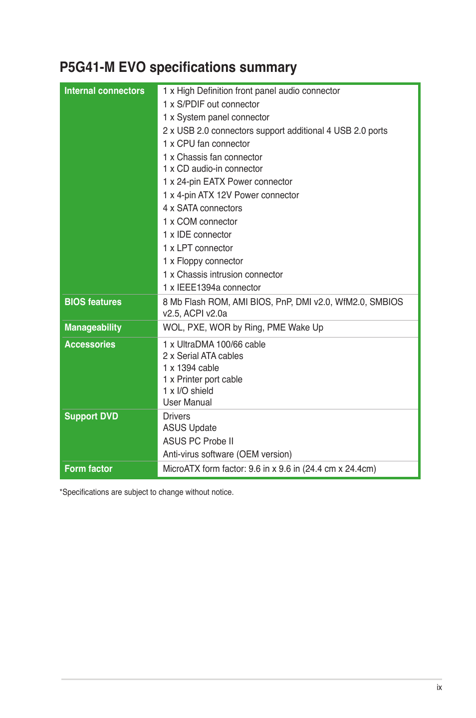 P5g41-m evo specifications summary | Asus P5G41-M EVO User Manual | Page 9 / 44