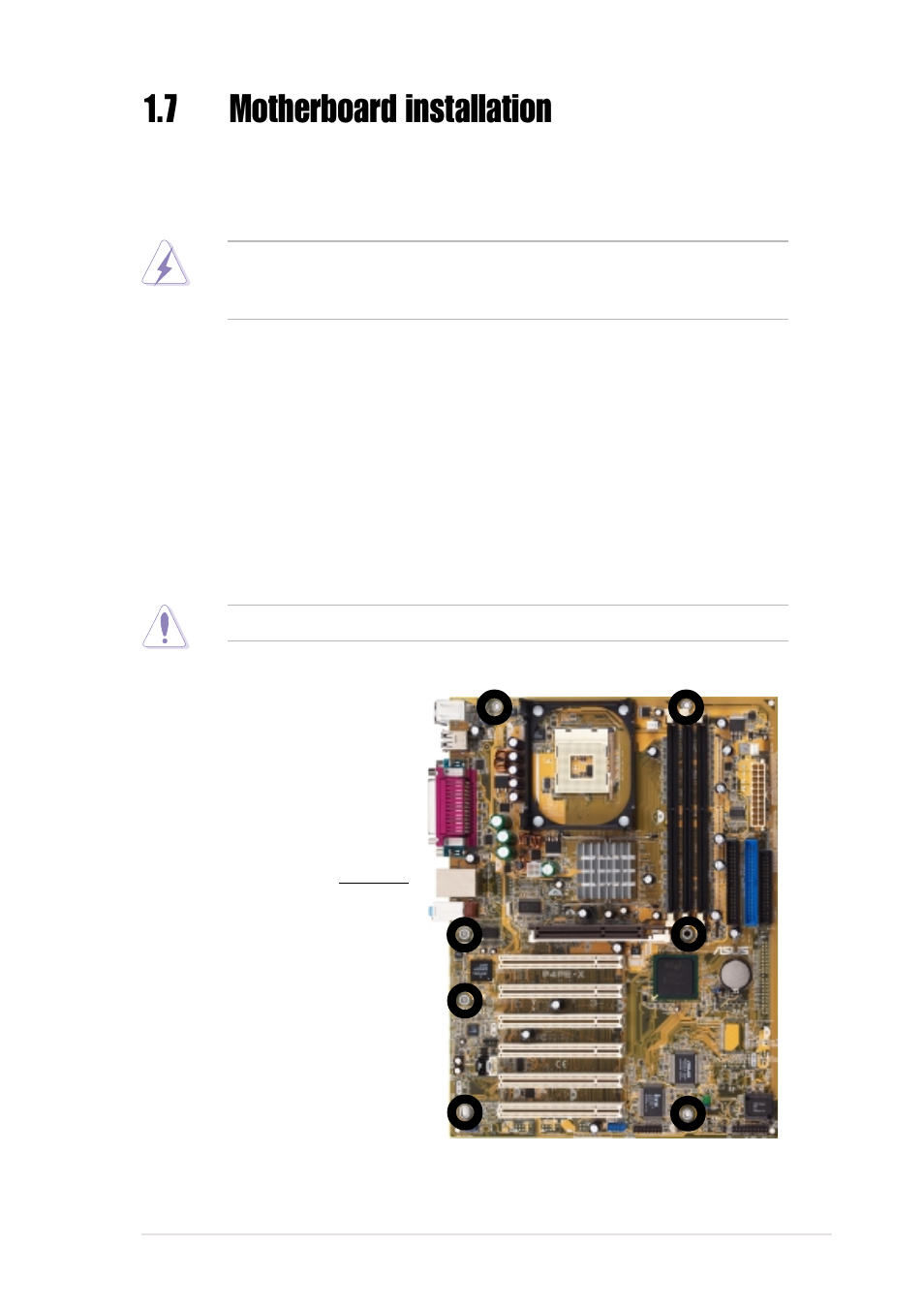 7 motherboard installation, 1 placement direction, 2 screw holes | Asus P4PE-X/TE User Manual | Page 19 / 68