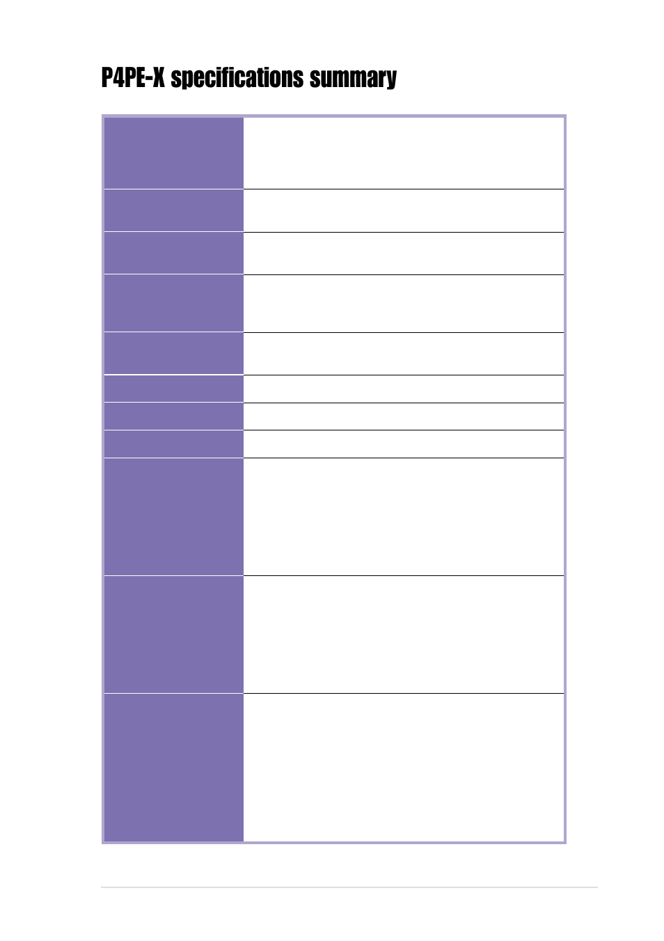 P4pe-x specifications summary | Asus P4PE-X/TE User Manual | Page 9 / 68