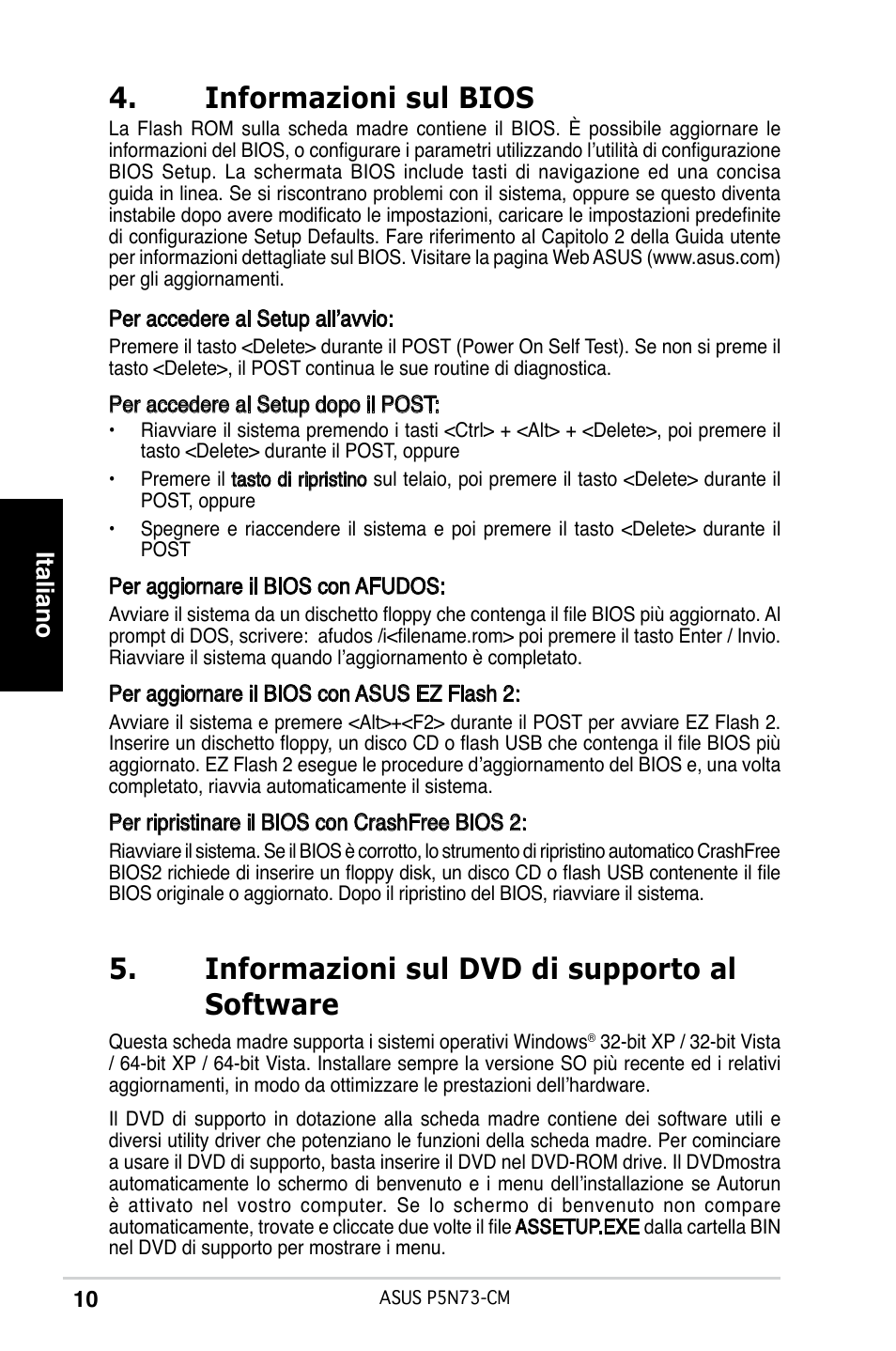 Informazioni sul bios, Informazioni sul dvd di supporto al software, Italiano | Asus P5N73-CM User Manual | Page 10 / 38