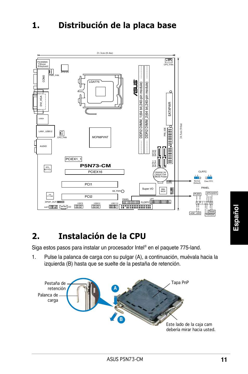 Español, Siga estos pasos para instalar un procesador intel, Asus p5n73-cm | Ab b, Pn-cm | Asus P5N73-CM User Manual | Page 11 / 38