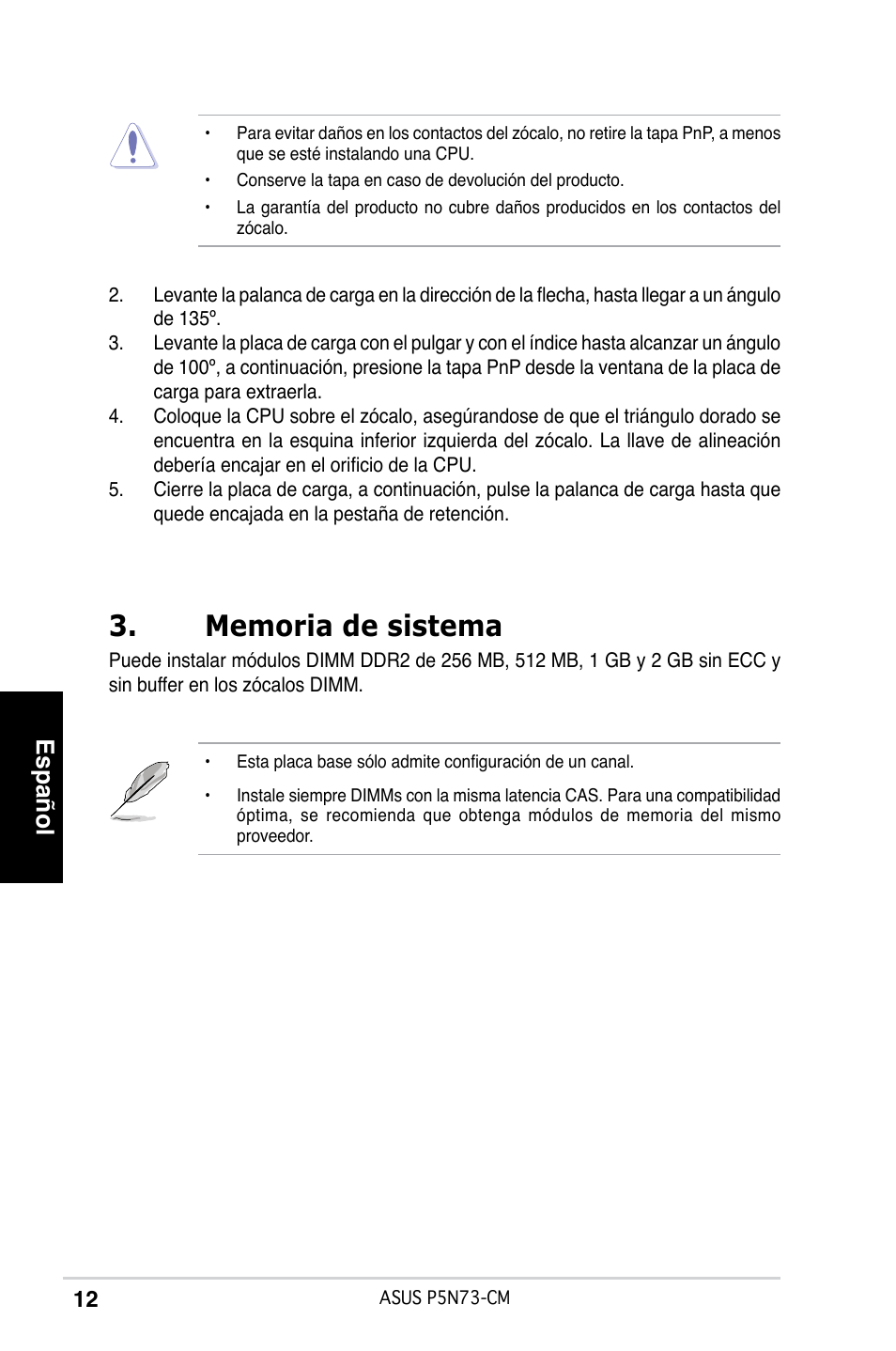 Español | Asus P5N73-CM User Manual | Page 12 / 38