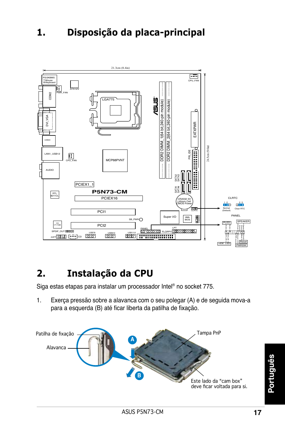 Disposição da placa-principal 2. instalação da cpu, Português, Asus p5n73-cm | Ab b, Pn-cm | Asus P5N73-CM User Manual | Page 17 / 38