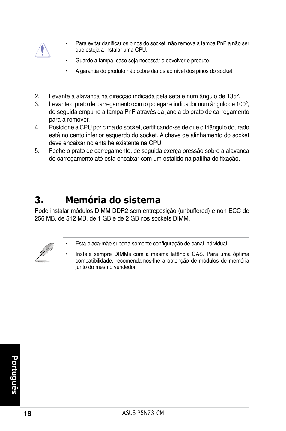 Memória do sistema, Português | Asus P5N73-CM User Manual | Page 18 / 38