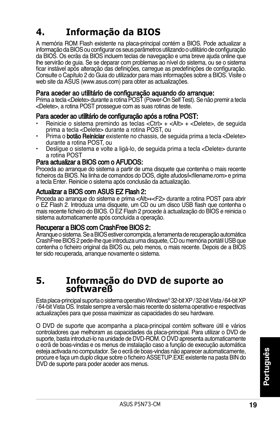 Informação da bios, Informação do dvd de suporte ao softwareß, Português | Asus P5N73-CM User Manual | Page 19 / 38