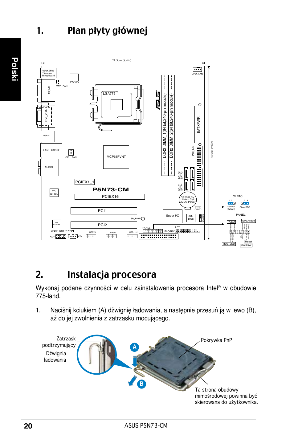 Plan płyty głównej 2. instalacja procesora, Polski, Asus p5n73-cm | Ab b, Pn-cm | Asus P5N73-CM User Manual | Page 20 / 38