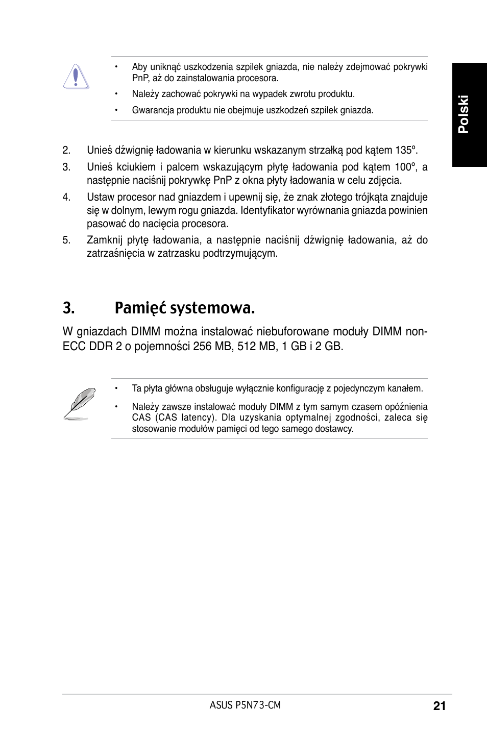 Pamięć systemowa, Polski | Asus P5N73-CM User Manual | Page 21 / 38