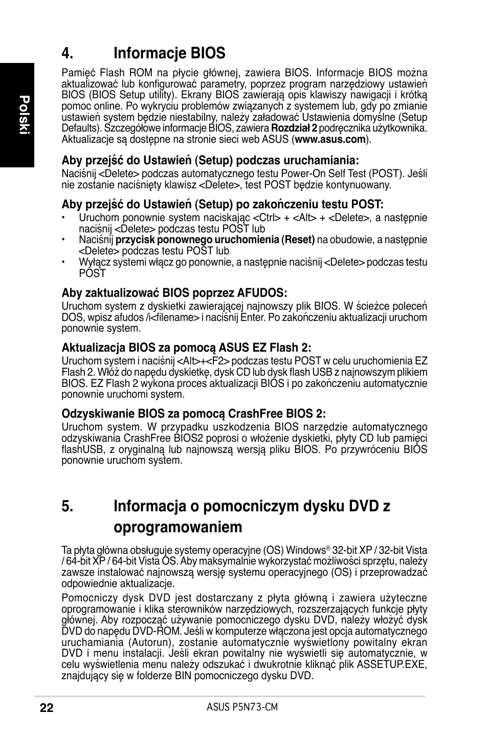 Informacje bios, Polski | Asus P5N73-CM User Manual | Page 22 / 38