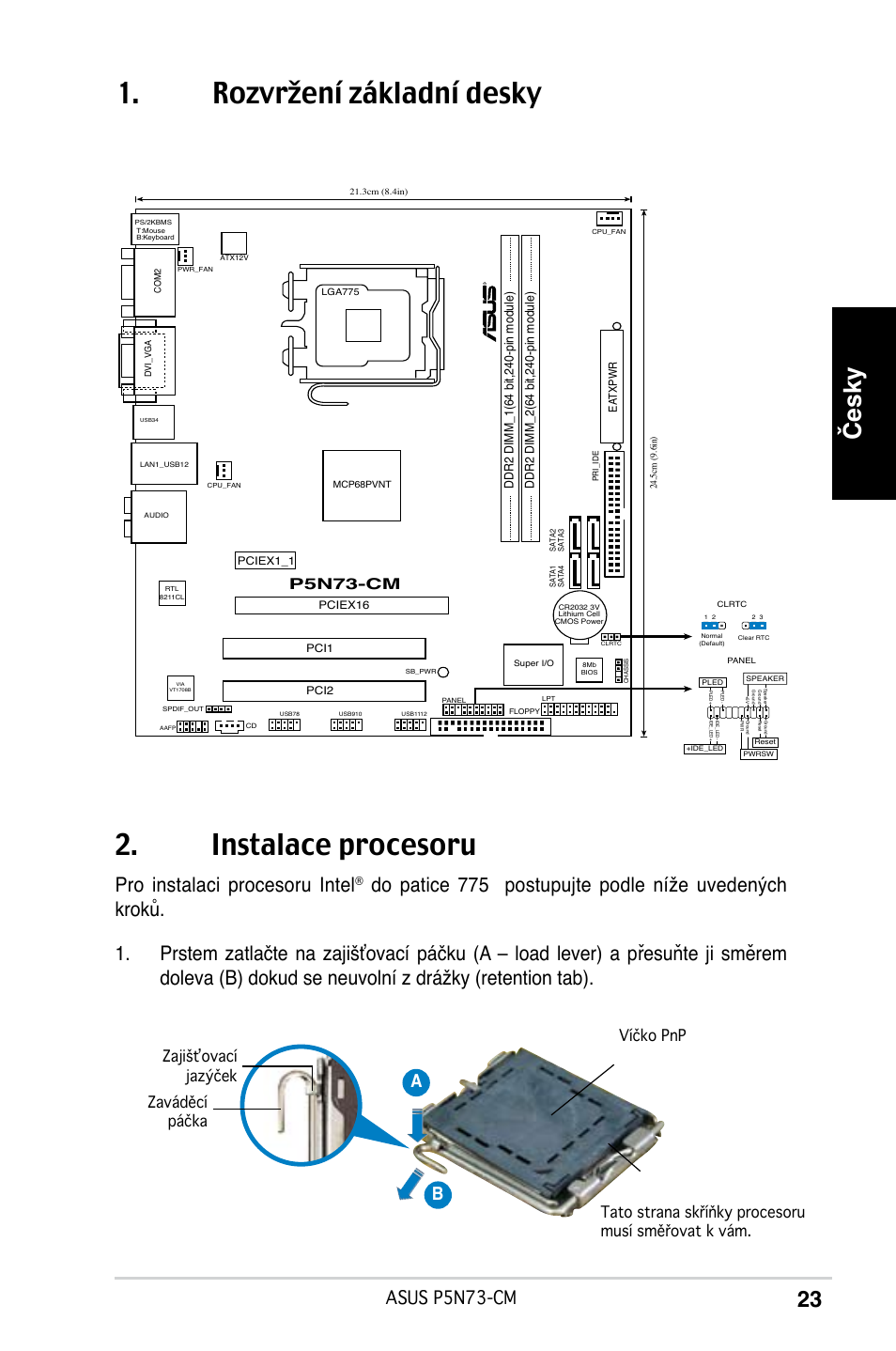 Rozvržení základní desky 2. instalace procesoru, Česky, Pro instalaci procesoru intel | Asus p5n73-cm, Ab b, Pn-cm | Asus P5N73-CM User Manual | Page 23 / 38