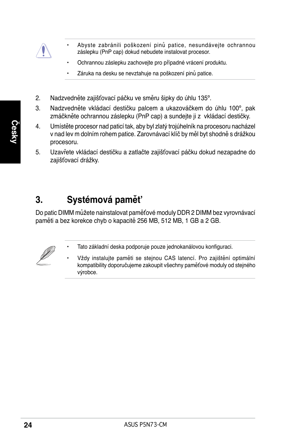 Systémová pamět, Česky | Asus P5N73-CM User Manual | Page 24 / 38