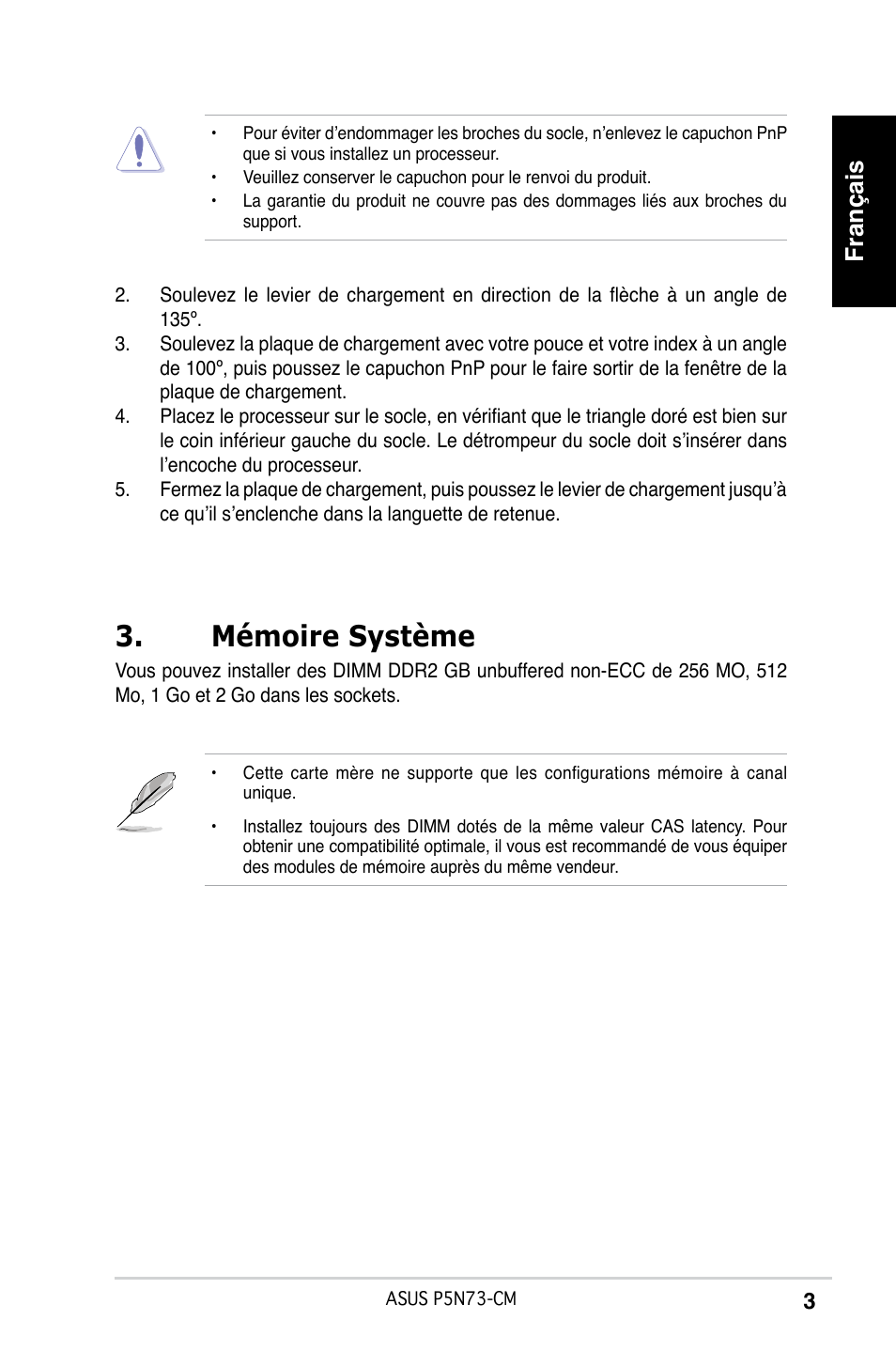 Mémoire système, Français | Asus P5N73-CM User Manual | Page 3 / 38