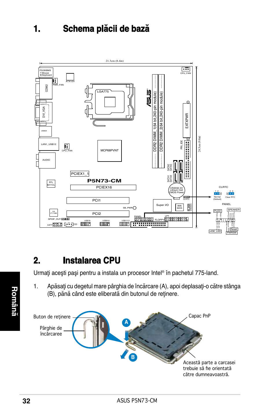 Schema plăcii de bază . instalarea cpu, Română, Asus p5n73-cm | Ab b, Pn-cm | Asus P5N73-CM User Manual | Page 32 / 38