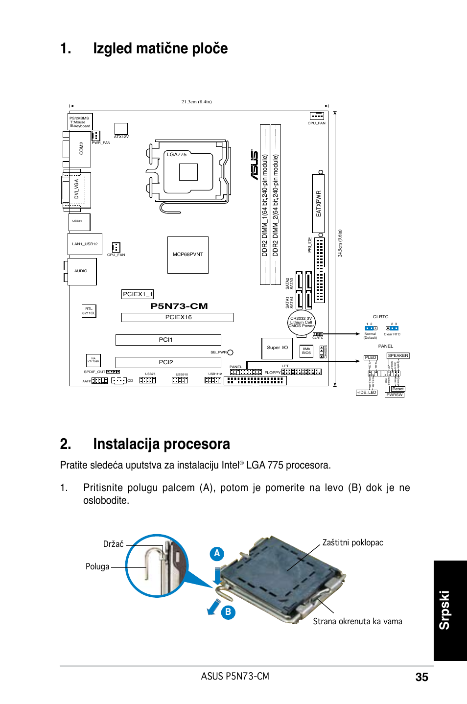 Izgled matične ploče . instalacija procesora, Srpski, Pratite sledeća uputstva za instalaciju intel | Asus p5n73-cm, Ab b, Pn-cm | Asus P5N73-CM User Manual | Page 35 / 38