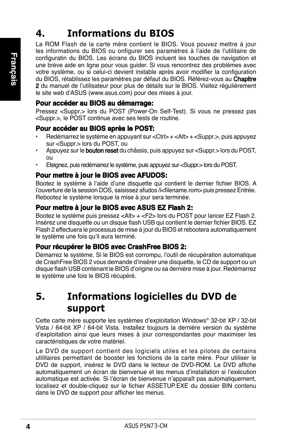 Informations du bios, Informations logicielles du dvd de support, Français | Asus P5N73-CM User Manual | Page 4 / 38