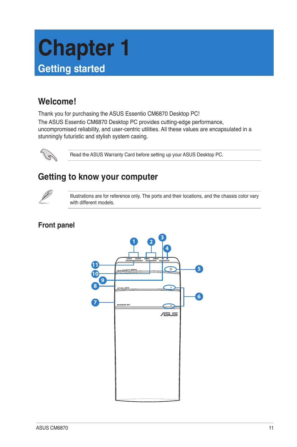 Chapter 1: getting started, Welcome, Getting to know your computer | Getting started, Welcome! getting to know your computer, Chapter 1 | Asus CM6870 User Manual | Page 11 / 70