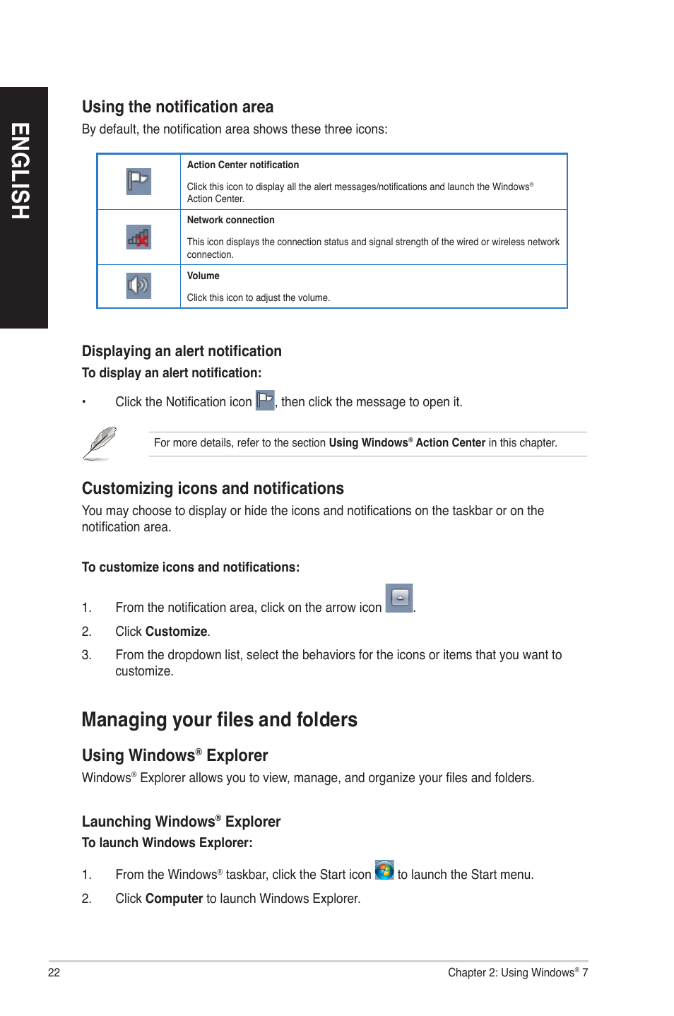 Managing your files and folders, En gl is h en gl is h en gl is h en gl is h | Asus CM6870 User Manual | Page 22 / 70